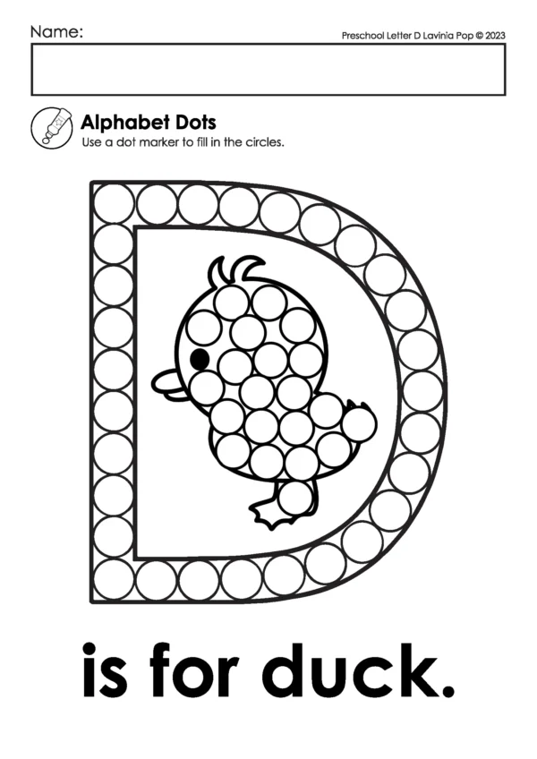 Uppercase letter D dot marker worksheet with duck picture, alphabet activity for letter recognition and phonemic awareness, preschool printable page.
