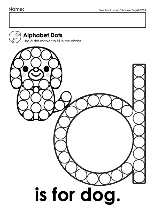 Lowercase letter d dot marker worksheet with dog illustration, fun alphabet printable for preschool fine motor and literacy center practice.