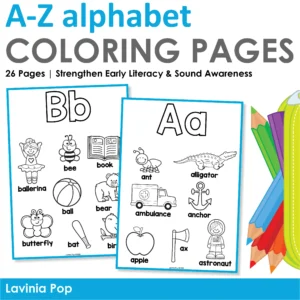 Alphabet Coloring Pages A–Z featuring letters A and B with pictures for beginning sound practice, perfect for preschool and kindergarten phonics activities