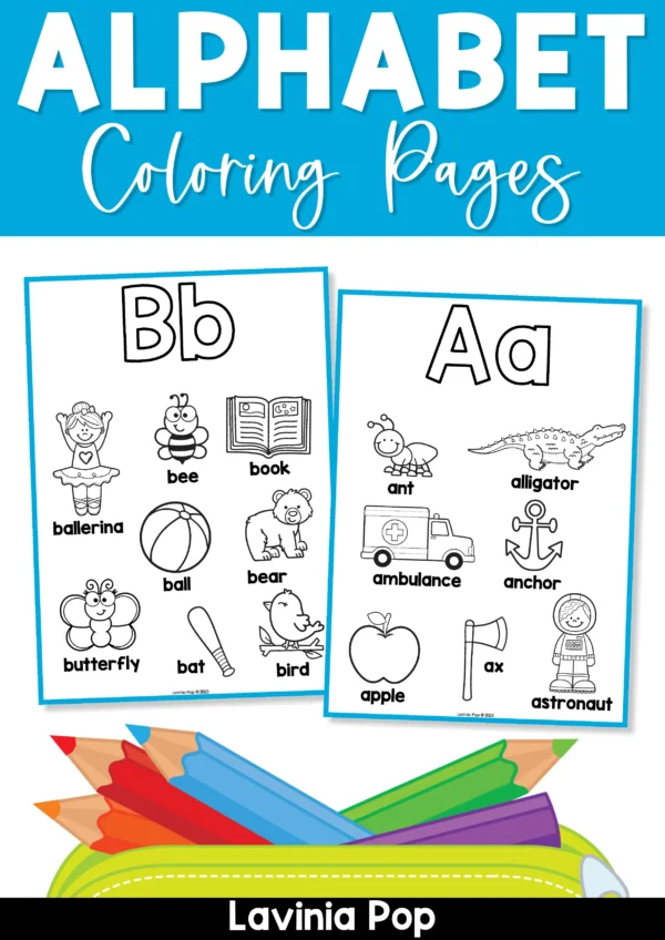 A–Z Alphabet Coloring Pages cover design with letters A and B worksheets, colored pencils, and title banner for phonics and letter recognition practice