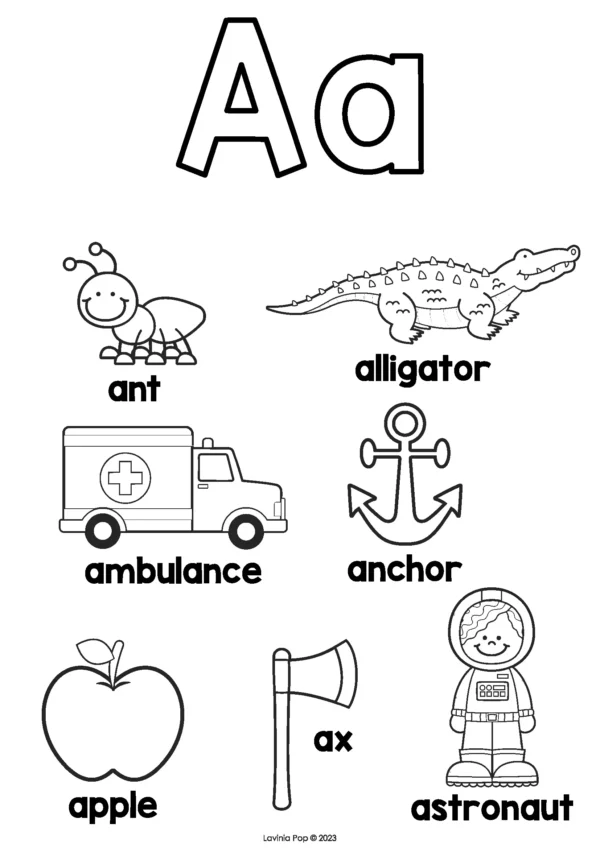 Letter A coloring page with pictures of ant, alligator, ambulance, anchor, apple, ax, and astronaut for alphabet and phonics learning