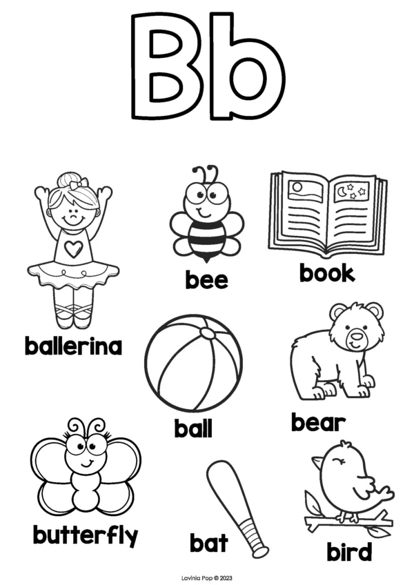 Letter B coloring page including ballerina, bee, book, ball, bear, butterfly, bat, and bird to support beginning sound recognition