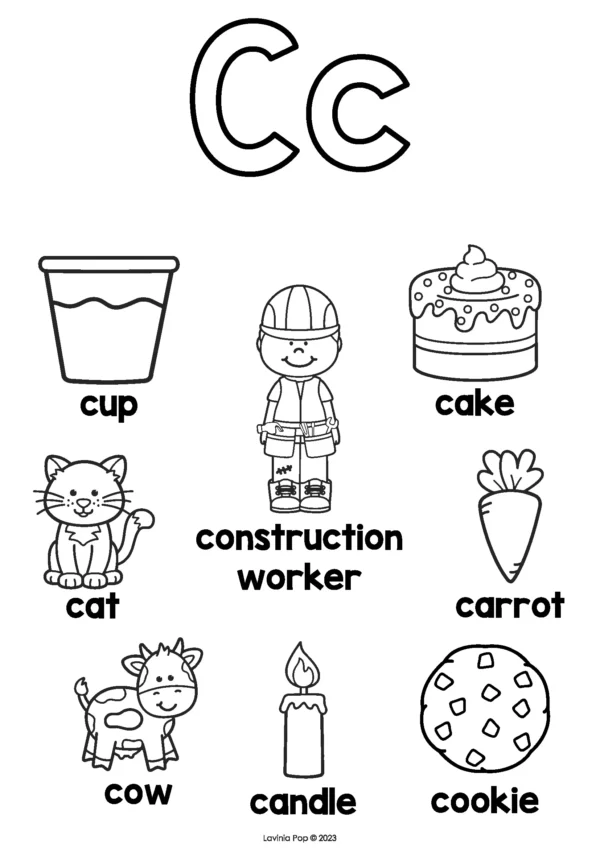 Letter C coloring page featuring cup, construction worker, cake, carrot, cat, cow, candle, and cookie for preschool and kindergarten alphabet learning