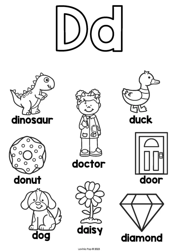 Letter D coloring page with dinosaur, duck, doctor, door, donut, dog, daisy, and diamond for early literacy and sound awareness practice
