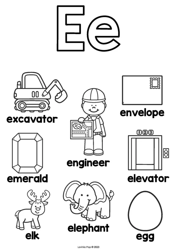 Letter E coloring page with excavator, engineer, envelope, elevator, emerald, elk, elephant, and egg for phonics and letter recognition activities
