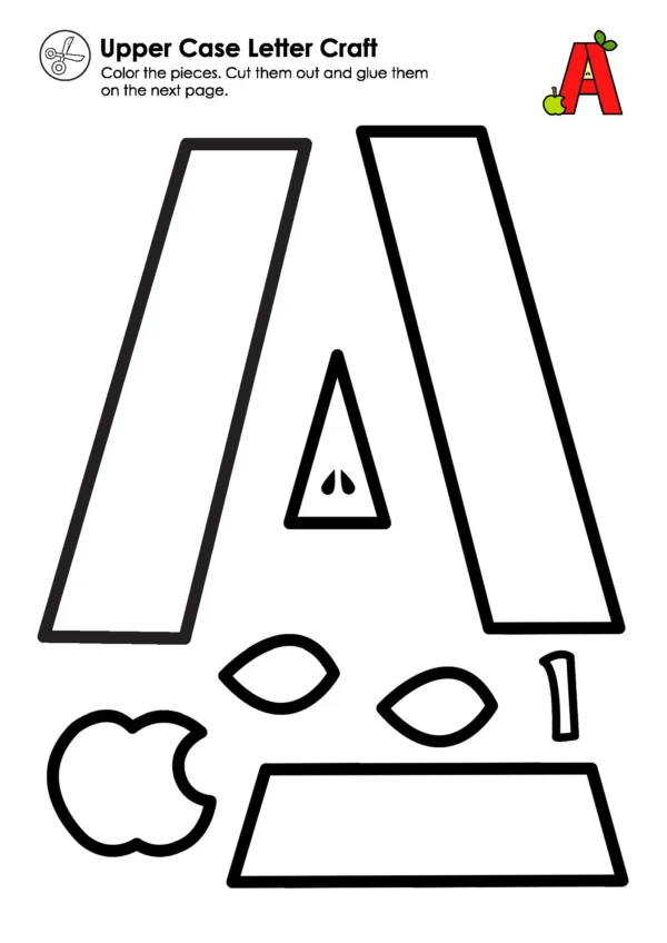 Uppercase letter A apple craft activity for preschool and kindergarten featuring color cut and glue templates