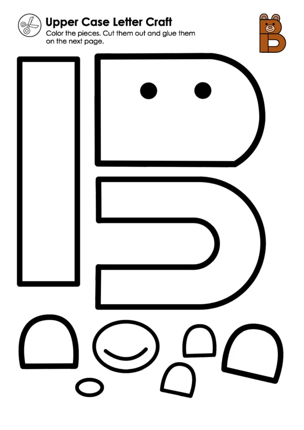 Uppercase letter B bear craft activity page with cut and paste pieces for hands-on alphabet learning