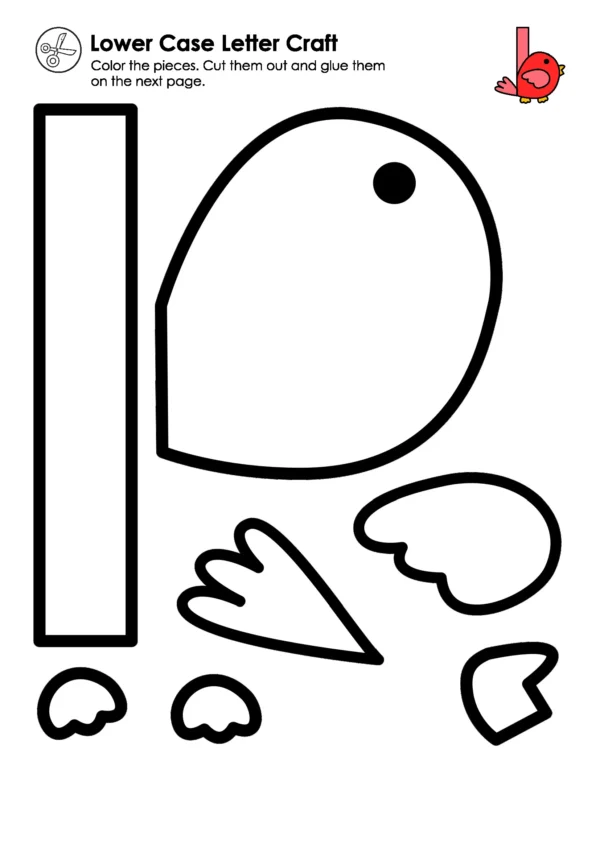 Lowercase letter b bird craft printable for preschool and kindergarten featuring color cut and paste pieces for alphabet learning
