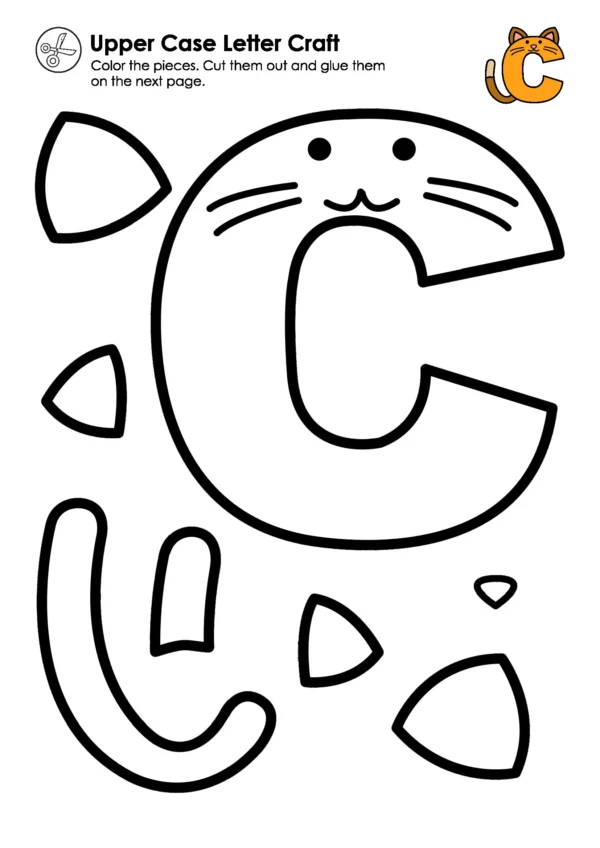 Uppercase letter C cat craft page with color cut and glue parts to support letter recognition and fine motor skills