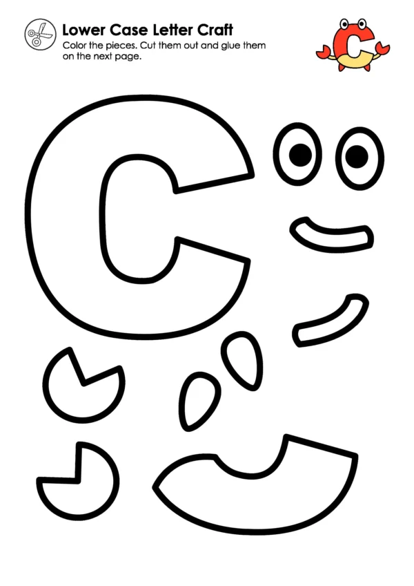 Lowercase letter c crab craft printable for preschool alphabet learning and beginning sound practice