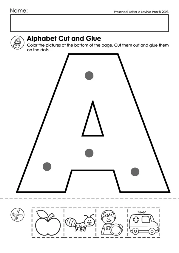 Letter A cut and glue worksheet with large uppercase A and pictures for apple, ant, astronaut, and ambulance to color, cut, and glue for beginning sound practice.