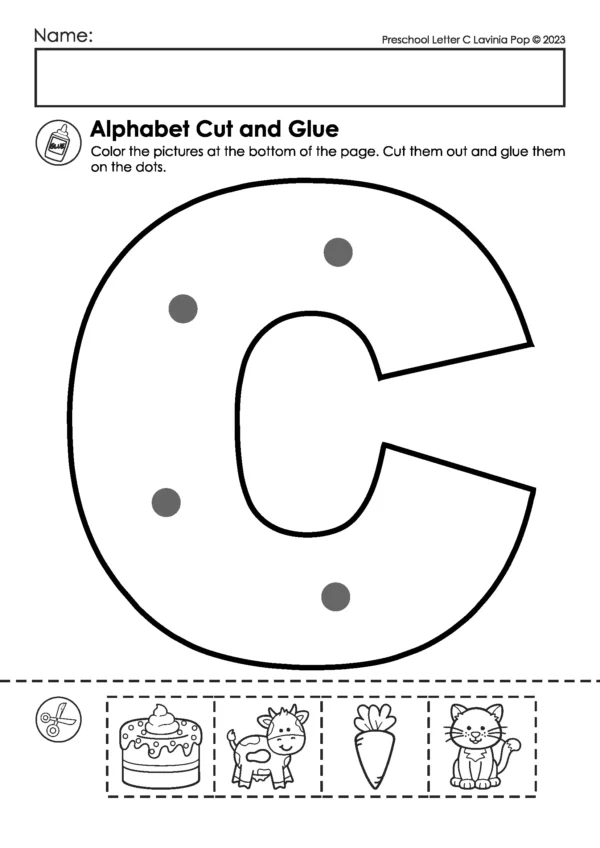 Letter C cut and glue worksheet with large uppercase C and pictures for cake, cow, carrot, and cat to color, cut, and glue, building fine motor and phonics skills.