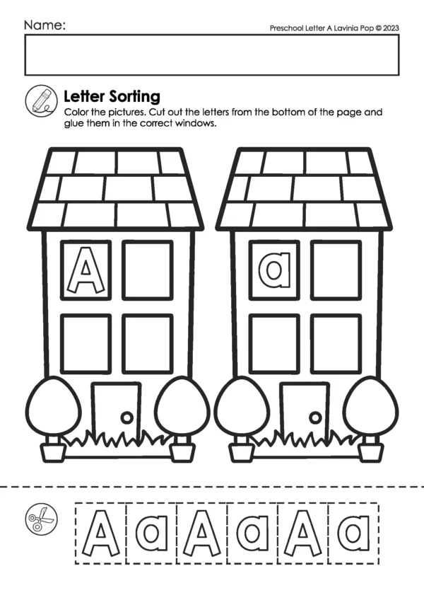 Alphabet letter sorting worksheet for the letter A featuring uppercase and lowercase cut-and-paste tiles and a jar theme for preschool and kindergarten.