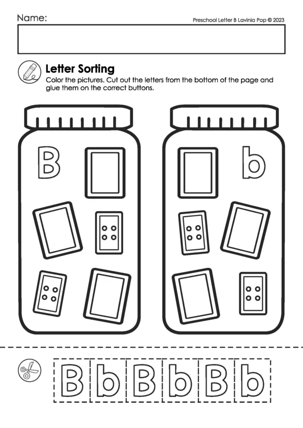 Alphabet letter sort activity for the letter B where children cut and glue uppercase and lowercase tiles onto matching spots, supporting letter recognition and fine motor skills.