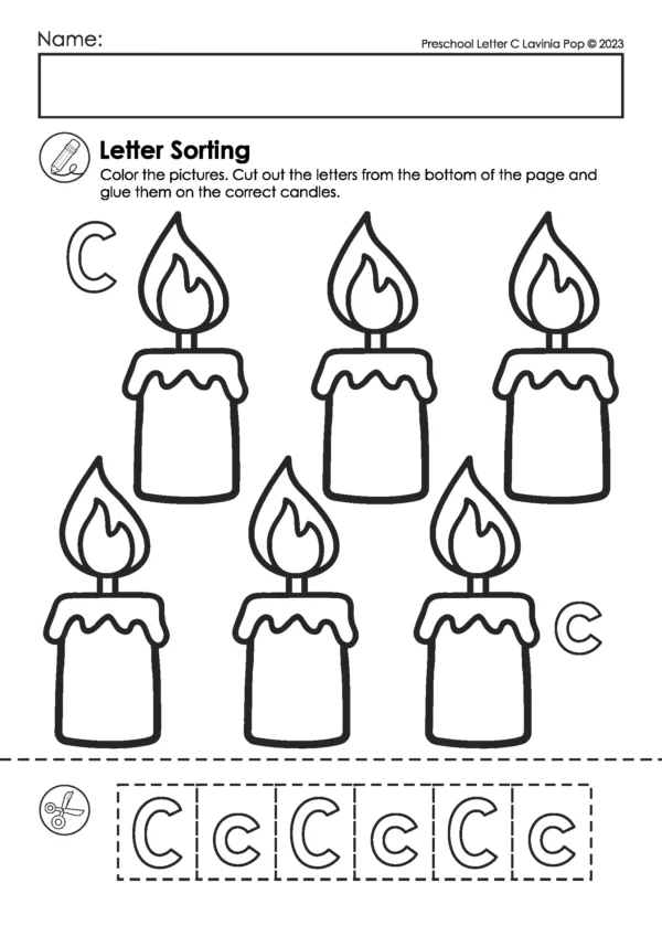 Printable letter C sorting worksheet from the Alphabet Letter Sorting Worksheets A–Z set, featuring cut-and-paste tiles for uppercase and lowercase letter matching.
