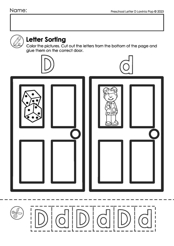 Alphabet letter sorting worksheet for the letter D featuring uppercase and lowercase cut-and-paste tiles and a door theme with dice and doctor images for preschool and kindergarten.