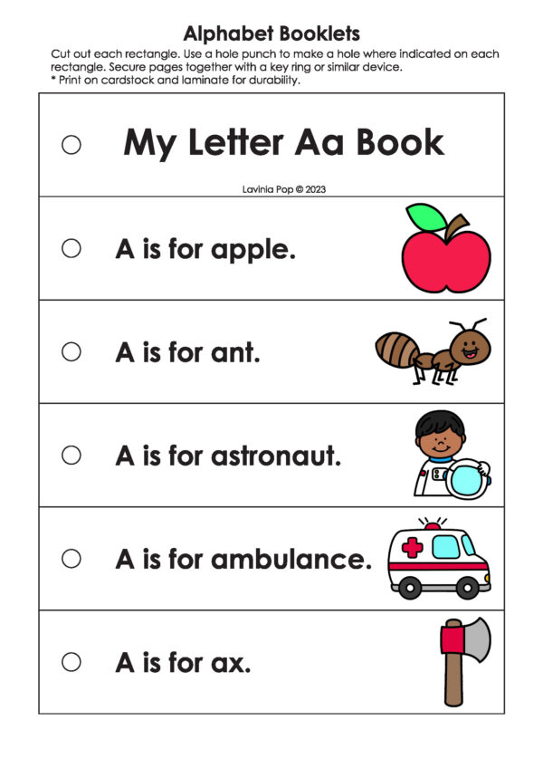 My Letter Aa Book from Alphabet Booklets Letter Books A–Z in color featuring images of apple, ant, astronaut, ambulance, and ax.