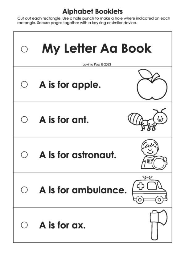 My Letter Aa Book from Alphabet Booklets Letter Books A–Z in blackline version with outlined images for coloring.
