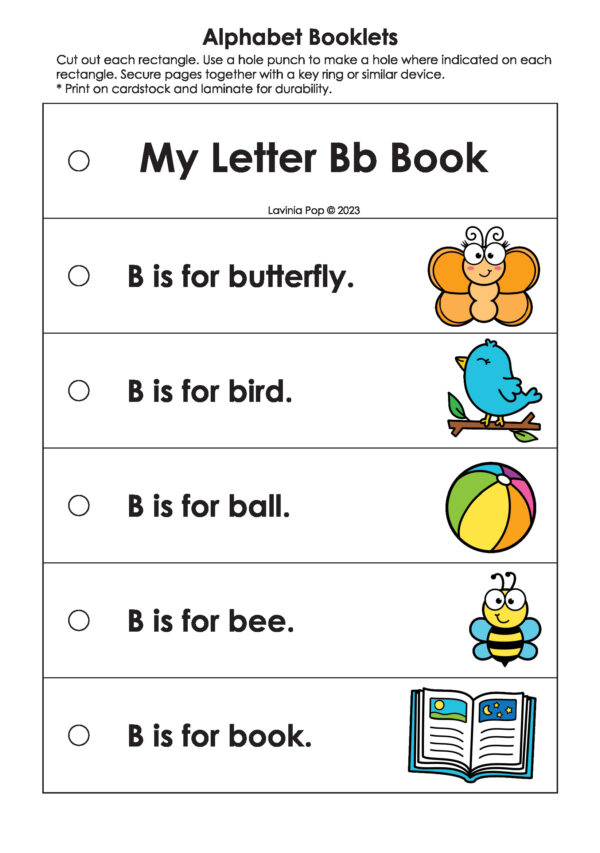 My Letter Bb Book from Alphabet Booklets Letter Books A–Z with colored images of butterfly, bird, ball, bee, and book.