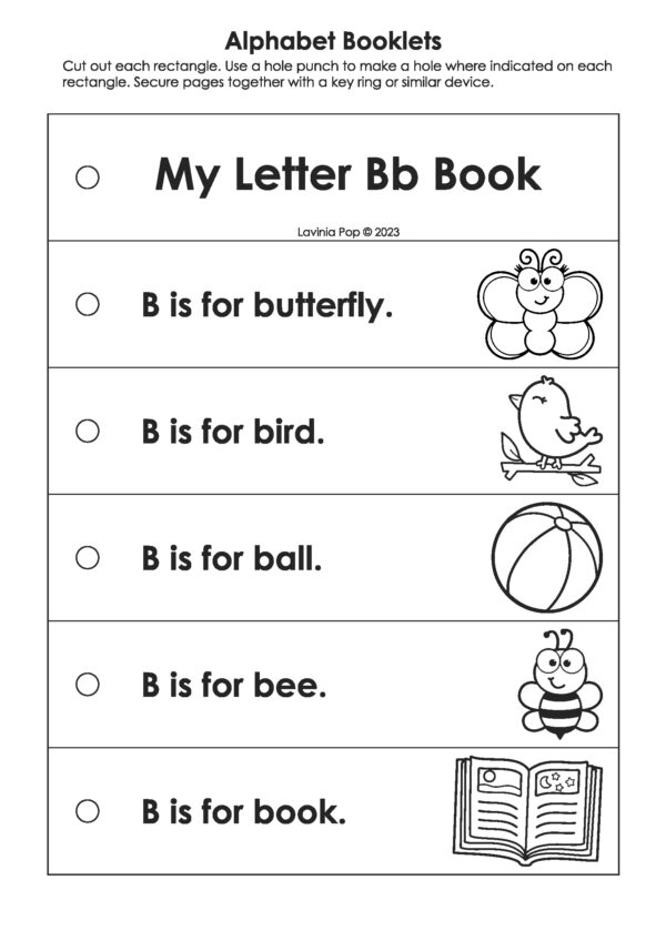 My Letter Bb Book from Alphabet Booklets Letter Books A–Z blackline version with outlined pictures of butterfly, bird, ball, bee, and book.