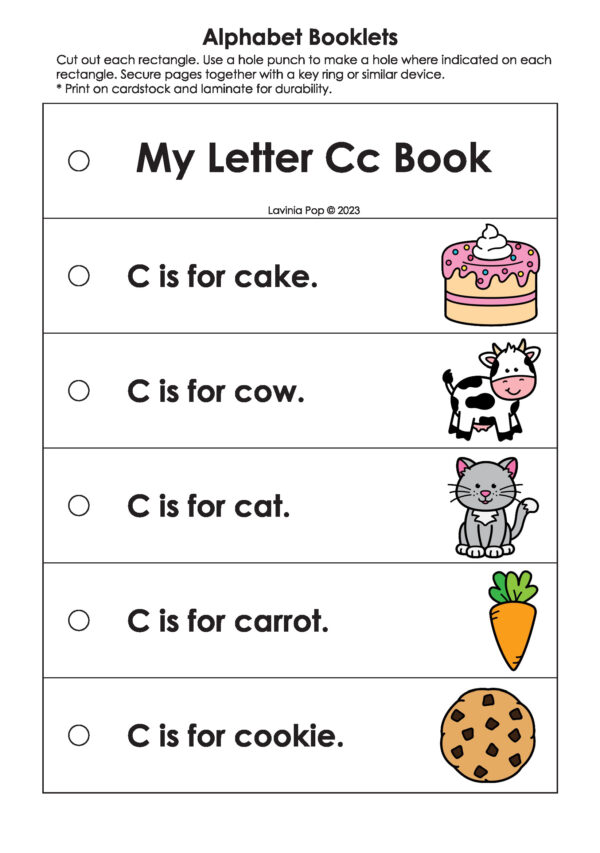My Letter Cc Book from Alphabet Booklets Letter Books A–Z in color featuring images of cake, cow, cat, carrot, and cookie.