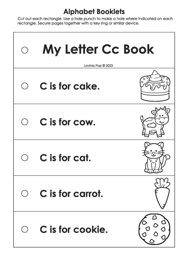 My Letter Cc Book from Alphabet Booklets Letter Books A–Z blackline version with outlined pictures of cake, cow, cat, carrot, and cookie for coloring.