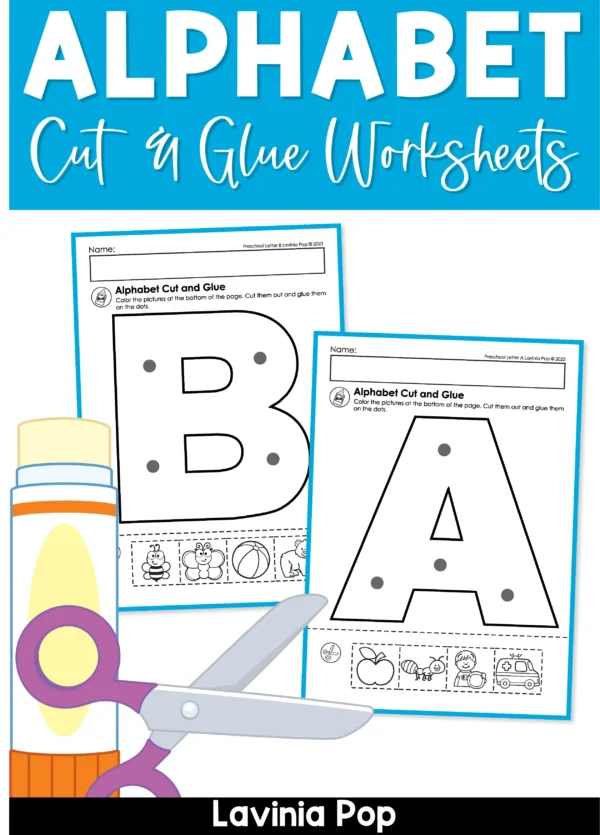 A–Z alphabet cut and glue worksheets for preschool and kindergarten featuring uppercase letter A and B pages with pictures to color, cut, and glue. Hands-on phonics and fine motor activity for beginning sounds practice.