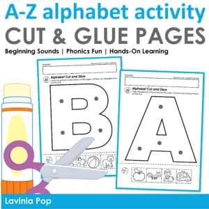 Alphabet cut and glue activity pages for preschool and kindergarten with letters A and B, glue stick, and scissors graphics promoting hands-on phonics and fine motor practice.