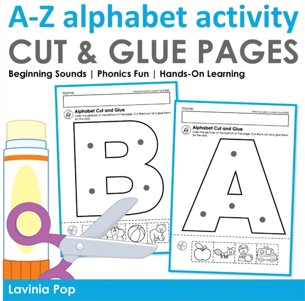 Alphabet cut and glue activity pages for preschool and kindergarten with letters A and B, glue stick, and scissors graphics promoting hands-on phonics and fine motor practice.
