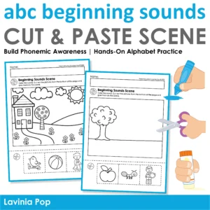 Alphabet beginning sounds worksheets with cut and paste activities for preschool and kindergarten alphabet phonics practice and early literacy centers.