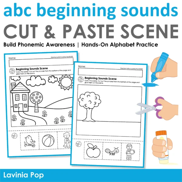 Alphabet beginning sounds worksheets with cut and paste activities for preschool and kindergarten alphabet phonics practice and early literacy centers.