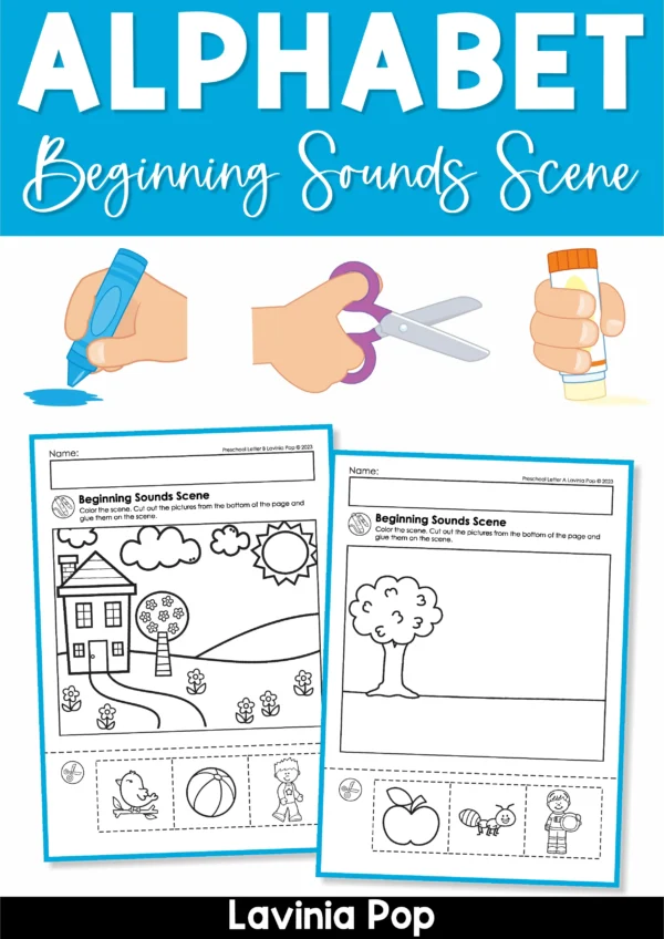 ABC beginning sounds cut and paste worksheets A to Z for preschool and kindergarten phonics practice with hands-on alphabet scenes.