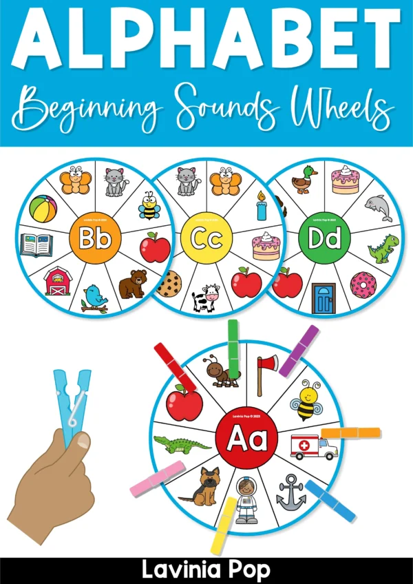 Alphabet Beginning Sounds Wheels for preschool and kindergarten with letter A, B, and C phonics clip cards using clothespins for fine motor and sound matching practice.