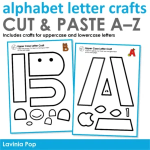 Alphabet letter crafts A–Z pack for preschool and kindergarten including uppercase and lowercase cut and paste activities