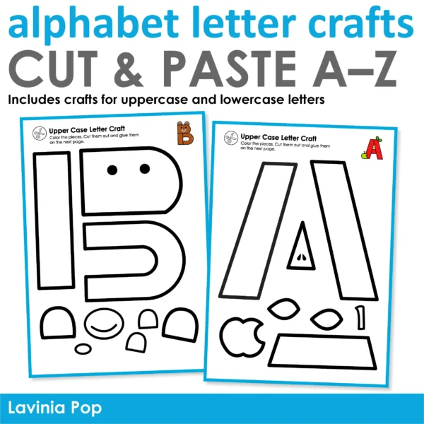 Alphabet letter crafts A–Z pack for preschool and kindergarten including uppercase and lowercase cut and paste activities