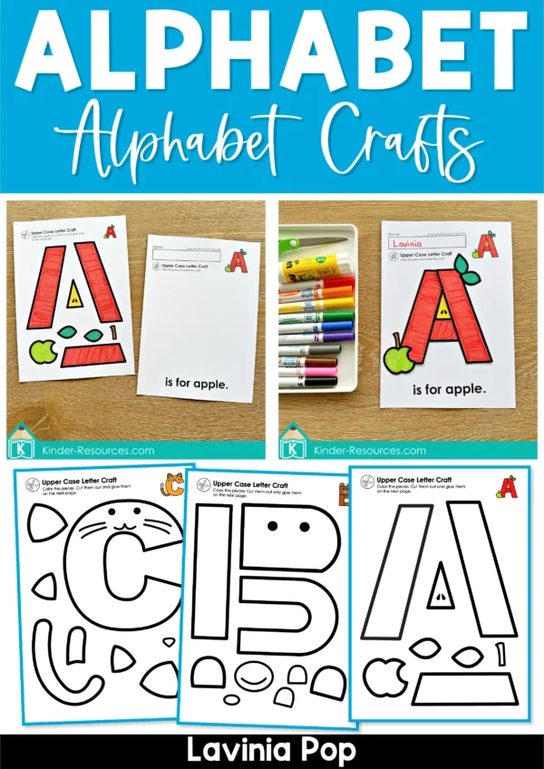 Printable alphabet letter crafts for uppercase and lowercase letters featuring A for apple and B for bear templates