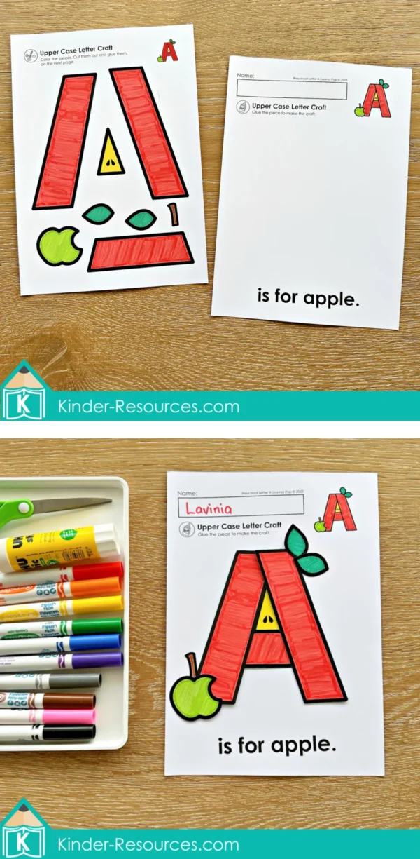 ompleted uppercase letter A apple craft assembled and colored for alphabet letter recognition practice
