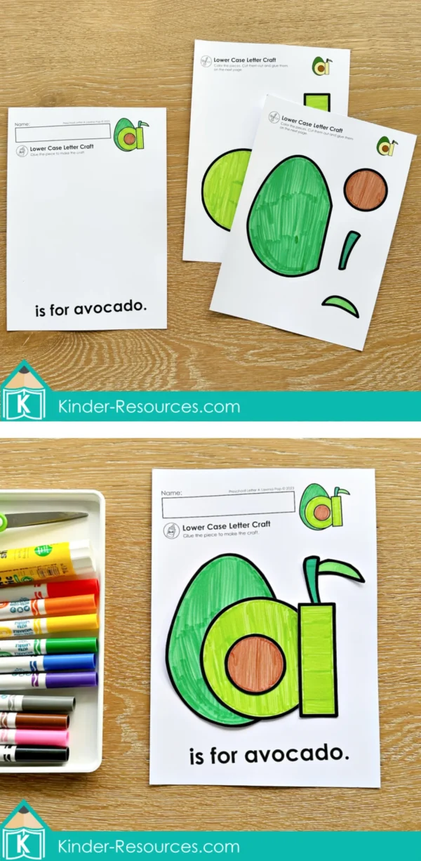 Lowercase letter a avocado craft printable completed example for preschool alphabet learning