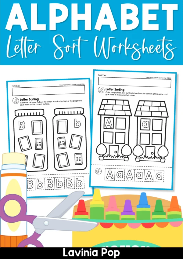 Cover image for Alphabet Letter Sort Cut and Paste Worksheets A–Z featuring example pages with uppercase and lowercase sorting activities for preschool and kindergarten literacy centers.
