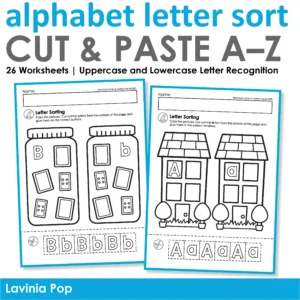 Cover image for Alphabet Letter Sort Cut and Paste Worksheets A–Z featuring example pages with uppercase and lowercase sorting activities for preschool and kindergarten literacy centers.