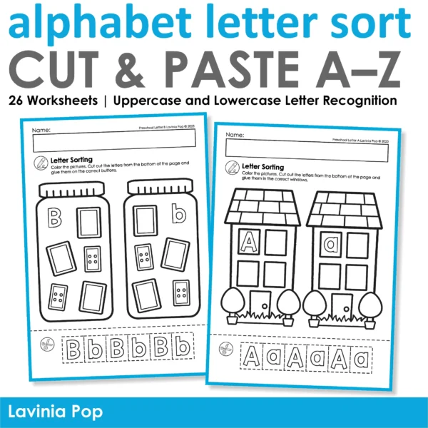 Cover image for Alphabet Letter Sort Cut and Paste Worksheets A–Z featuring example pages with uppercase and lowercase sorting activities for preschool and kindergarten literacy centers.