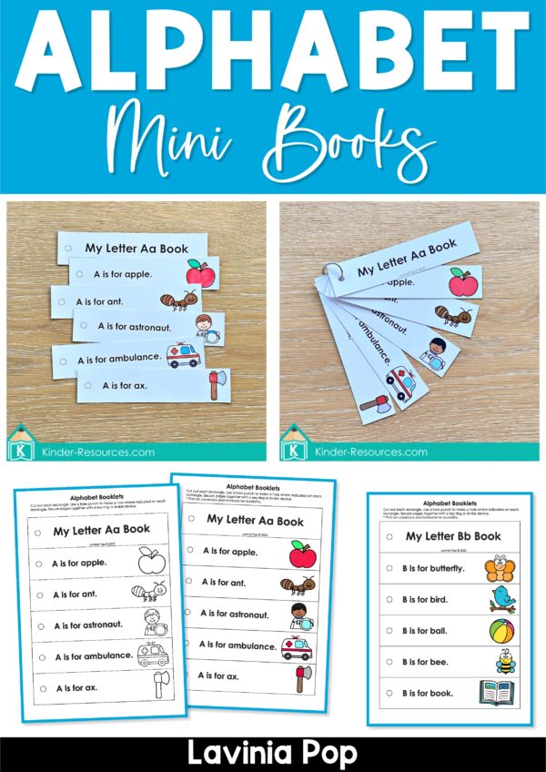 Alphabet Booklets Letter Books A–Z mini books for letters A and B arranged on a wooden table, perfect for preschool and kindergarten phonics practice.