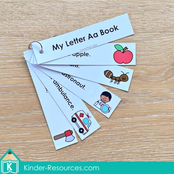 My Letter Aa Book from Alphabet Booklets Letter Books A–Z assembled on a metal ring with pictures of apple, ant, astronaut, ambulance, and ax.