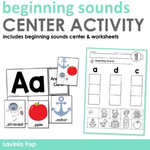 Beginning Sounds Literacy Center cover image showing alphabet mats, picture cards, and worksheets for phonics practice.
