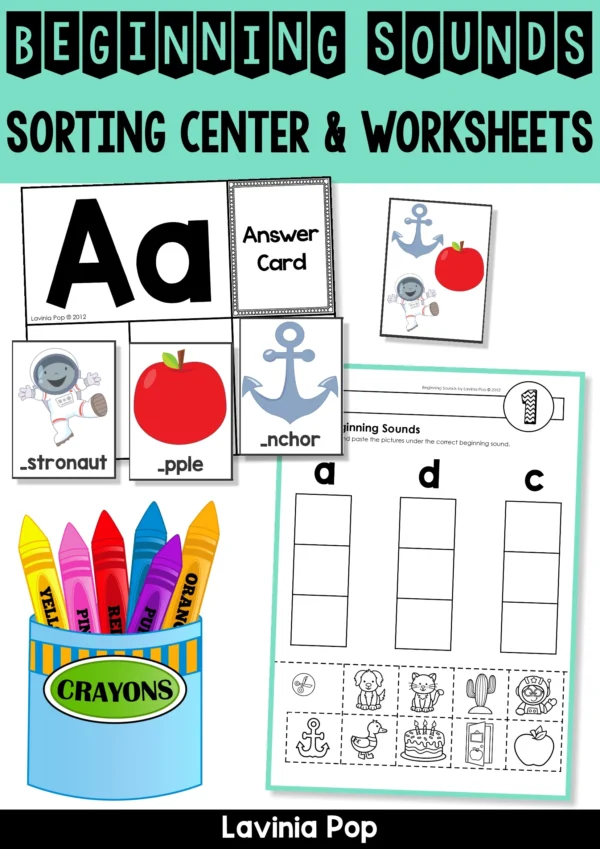 Beginning Sounds Literacy Center printable activities with sorting mats, answer cards, and worksheets for preschool and kindergarten phonics.