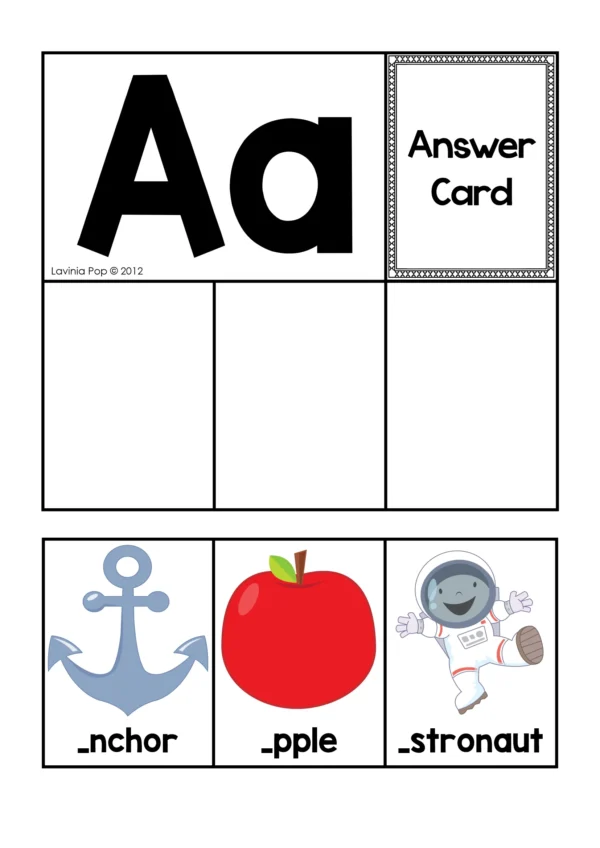 Beginning Sounds Literacy Center alphabet sorting mat for letter A with picture cards for apple, astronaut, and anchor.