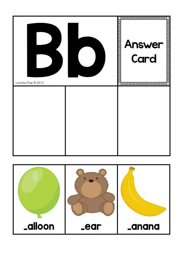 Beginning Sounds Literacy Center alphabet sorting mat for letter B with picture cards for balloon, bear, and banana