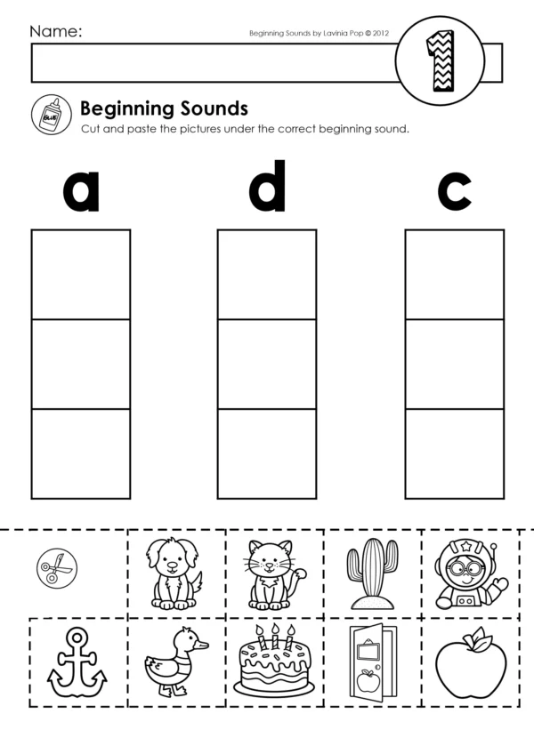 Beginning Sounds Literacy Center cut and paste worksheet featuring letters a, d, and c with beginning sound picture options.