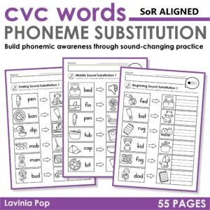 CVC Word Phoneme Substitution Worksheets for kindergarten and first grade with 55 printable pages for beginning, middle, and ending sound changes to build phonemic awareness