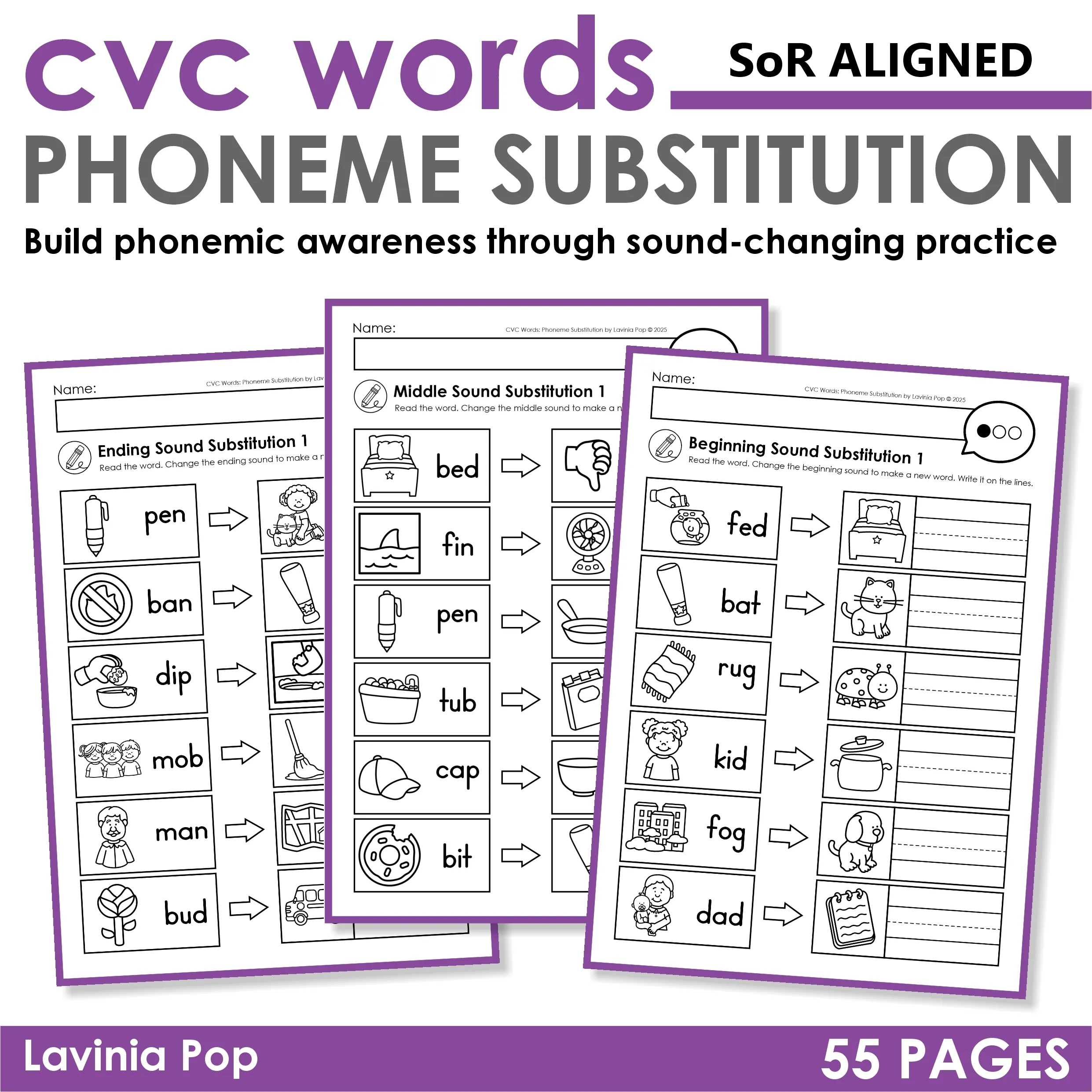 CVC Word Phoneme Substitution Worksheets for Beginning, Middle, and Ending Sounds CVC Word Phoneme Substitution Worksheets for kindergarten and first grade with 55 printable pages for beginning, middle, and ending sound changes to build phonemic awareness